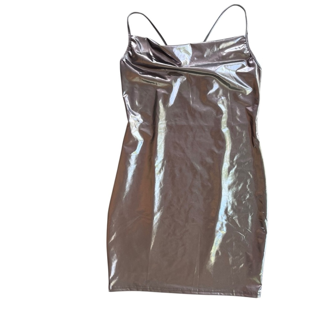Silver Metallic Womens L Adjustable Cross Back Straps Cowl Neck Mini Party Dress